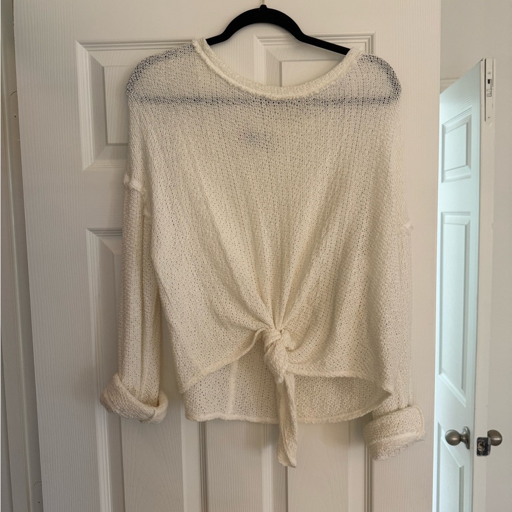 Free People Cream Open-Knit Tie-Front Sweater